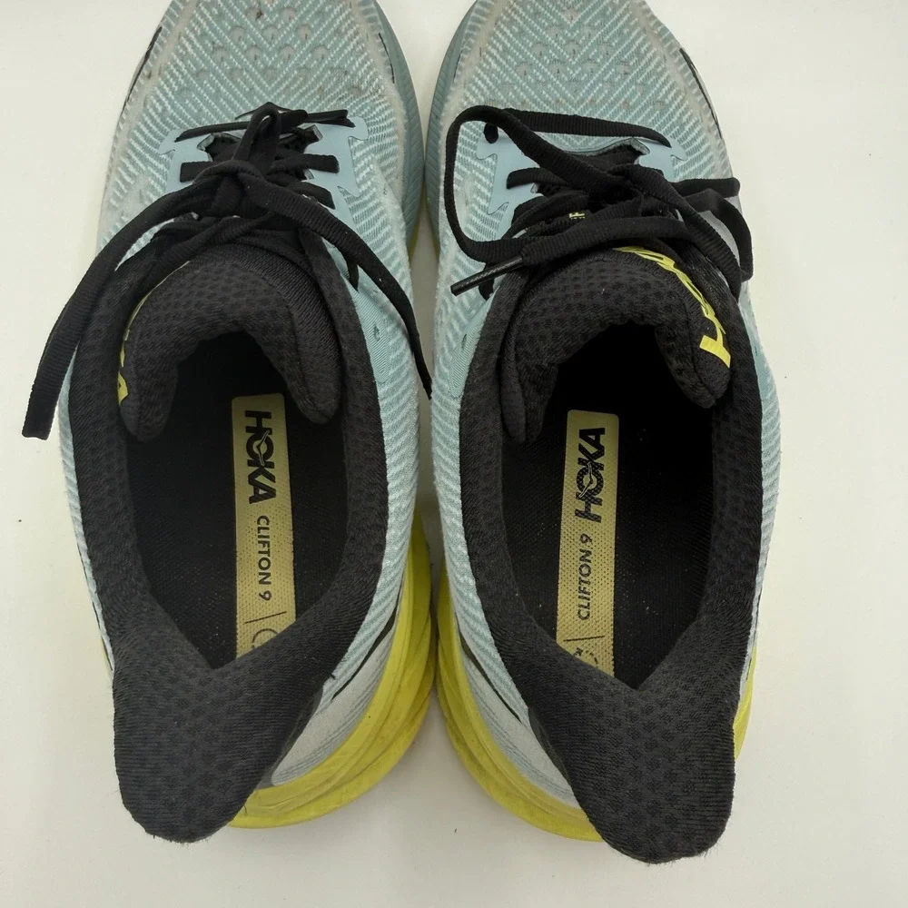 Hoka Clifton 9 Running Shoes Mens 12 Blue Yellow Cushioned Athletic Sneakers